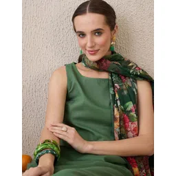 Indo Era Floral Printed Round Neck Cotton Straight Kurta With Trousers & Dupatta-image-2