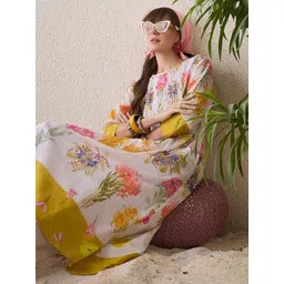 Indo Era Floral Printed Round Neck Pure Cotton Straight Kurta With Trouser-image-5