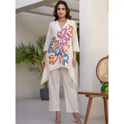 Indo Era Floral Printed Shirt Collar A-Line Pure Cotton Kurta With Trousers-image-28