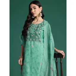 Indo Era Floral Printed Thread Work Chanderi Silk Kurta with Trousers & Dupatta-picture-36