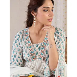 Indo Era Floral Printed V Neck Empire A Line Pure Cotton Kurta With Trousers & Dupatta-picture-25