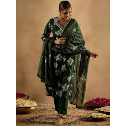 Indo Era Floral Printed V-Neck Pure Cotton Straight Kurta With Trouser & Dupatta-picture-12