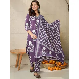 Indo Era Floral Printed V-Neck Pure Cotton Straight Kurta With Trousers And Dupatta-picture-16