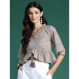 Indo Era Geometric Print Bell Sleeves Cotton Empire Crop Top-picture-32