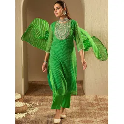Indo Era Leheriya Printed Straight Sequinned Georgette Kurta with Trousers & Dupatta-picture-16