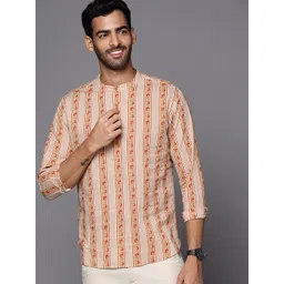 Indo Era Men Beige & Cream-Coloured Pure Cotton Striped Floral Printed Kurta-picture-22