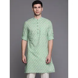 Indo Era Men Green Ethnic Motifs Printed Pure Cotton Kurta-picture-32
