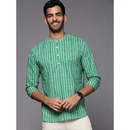 Indo Era Men Green Pure Cotton Striped Floral Printed Kurta-picture-19