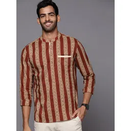 Indo Era Men Maroon & Beige Pure Cotton Striped Floral Printed Kurta-picture-11