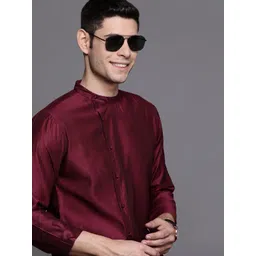 Indo Era Men Maroon Asymmetric Liva Kurta-picture-12