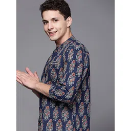 Indo Era Men Navy Blue & White Cotton Printed Kurta-picture-36