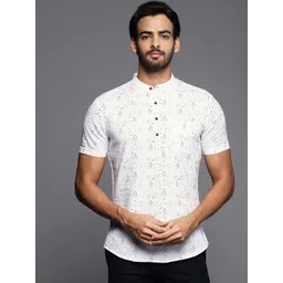 Indo Era Men White & Navy Blue Polka Dot Print Liva Kurta-picture-36