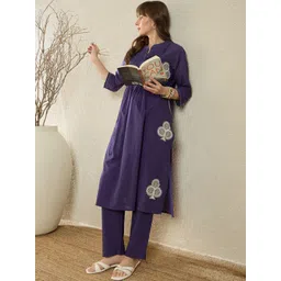 Indo Era Printed Mandarin Collar Three-Quarter Sleeves Pure Cotton Top With Trousers-picture-26