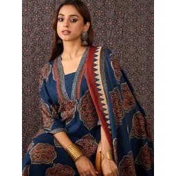 Indo Era Women Ajrakh Printed Straight Kurta Trousers With Dupatta Set-image-22