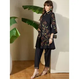 Indo Era Women Black Floral Embroidered Thread Work Pure Cotton Kurti with Trousers-picture-17