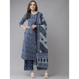 Indo Era Women Blue & White Paisley Printed Gotta Patti Straight Kurta Palazzos & Dupatta-picture-26