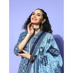 Indo Era Women Blue Cotton Blend Pakistani Suit Kurta Set-picture-37