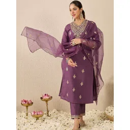 Indo Era Women Embroidered Sequinned Regular Straight Kurta With Trousers & Dupatta-picture-11
