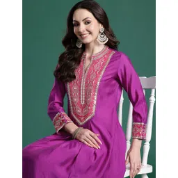 Indo Era Women Ethnic Motifs Embroidered Pleated Mirror Work Kurta with Trousers-picture-25