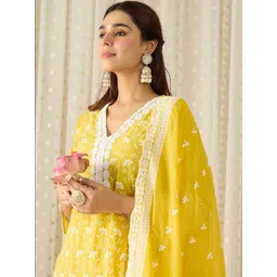 Indo Era Women Ethnic Motifs Embroidered Regular Chikankari Pure Cotton Kurta with Trousers & With Dupatta-picture-14