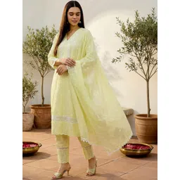 Indo Era Women Ethnic Motifs Embroidered Regular Thread Work Pure Cotton Kurta with Trousers & With Dupatta-picture-38