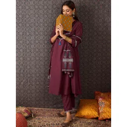 Indo Era Women Ethnic Motifs Printed Cotton A-Line Kurta with Trousers & Dupatta-picture-13