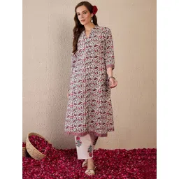 Indo Era Women Ethnic Motifs Printed Regular Pure Cotton Kurta with Trousers-picture-30
