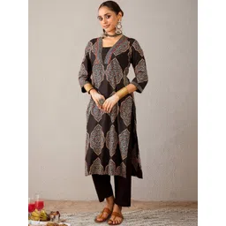 Indo Era Women Ethnic Motifs Printed Regular Pure Cotton Kurta with Trousers-picture-28