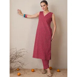 Indo Era Women Ethnic Motifs Printed Regular Pure Cotton Kurta with Trousers-picture-24