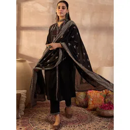 Indo Era Women Ethnic Motifs Printed Regular Thread Work Pure Cotton Kurta with Trousers & With Dupatta-picture-25