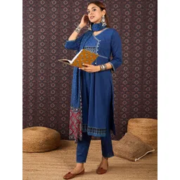 Indo Era Women Ethnic Motifs Regular Thread Work Pure Cotton Kurta with Trousers & With Dupatta-picture-26