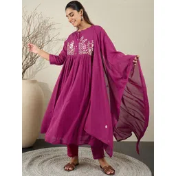 Indo Era Women Floral Embroidered Cotton Anarkali Kurta with Trousers & Dupatta-picture-41