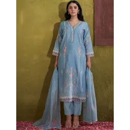 Indo Era Women Floral Embroidered Regular Thread Work Kurta with Trousers & With Dupatta-picture-23
