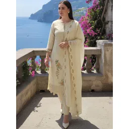 Indo Era Women Floral Embroidered Regular Thread Work Pure Cotton Kurta with Trousers & With Dupatta-picture-17