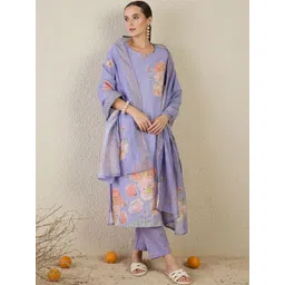 Indo Era Women Floral Printed Linen Kurta with Trousers & Dupatta-picture-26