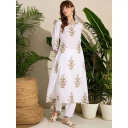 Indo Era Women Floral Printed Pure Cotton A-Line Kurta with Trousers-picture-12