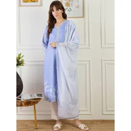 Indo Era Women Floral Printed Regular Linen Kurta with Trousers & With Dupatta-picture-17