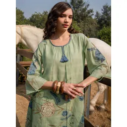 Indo Era Women Floral Printed Regular Pure Cotton A-Line Kurta with Trousers-picture-10