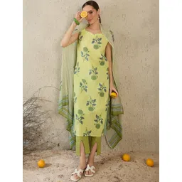 Indo Era Women Floral Printed Regular Pure Cotton Kurta with Trousers & With Dupatta-picture-30