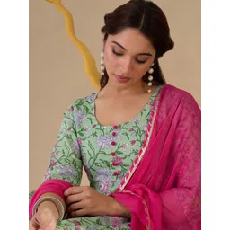 Indo Era Women Floral Printed Regular Pure Cotton Kurta with Trousers & With Dupatta-picture-22