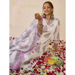 Indo Era Women Floral Printed Regular Sequinned Pure Cotton Kurta with Trousers & With Dupatta-picture-36