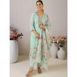 Indo Era Women Floral Printed Regular Thread Work Linen Kurta with Trousers & With Dupatta-picture-37