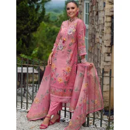Indo Era Women Floral Printed Regular Thread Work Linen Kurta with Trousers & With Dupatta-picture-32