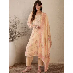 Indo Era Women Floral Printed Regular Thread Work Linen Kurta with Trousers & With Dupatta-picture-26