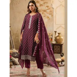 Indo Era Women Geometric Embroidered Kurta with Trousers & Dupatta image 1