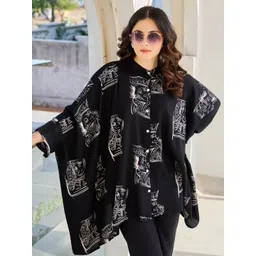 Indo Era Women Geometric Printed Mandarin Collar Regular Kaftan Kurta with Trousers-picture-34