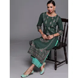 Indo Era Women Green Ethnic Motifs Foil Printed Straight Kurta With Palazzo Set-picture-10