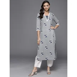 Indo Era Women Grey & Blue Floral Printed Pure Cotton Kurta-picture-15
