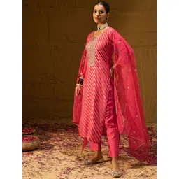 Indo Era Women Leheriya Embroidered Regular Chanderi Silk Kurta with Trousers & With Dupatta-picture-28