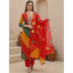 Indo Era Women Leheriya Printed Regular Thread Work Kurta with Trousers & With Dupatta-picture-25